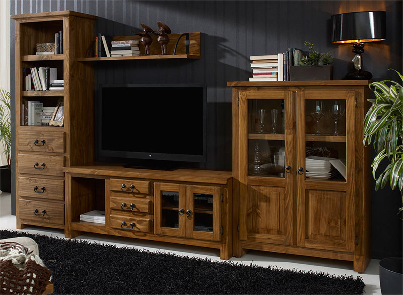 Muebles salón rústico de madera con mesa TV, librería y vitrina