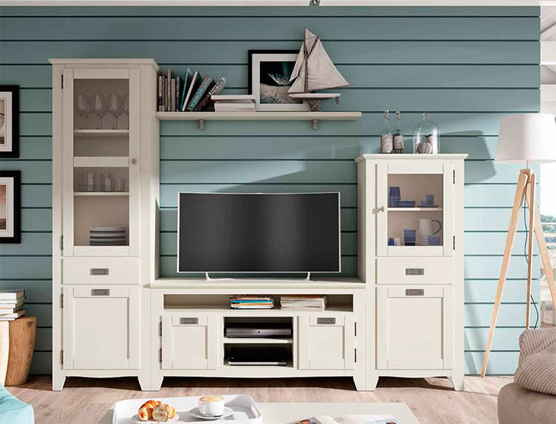 Mueble TV y Vitrina en Blanco y Beige - Muebles de Salón