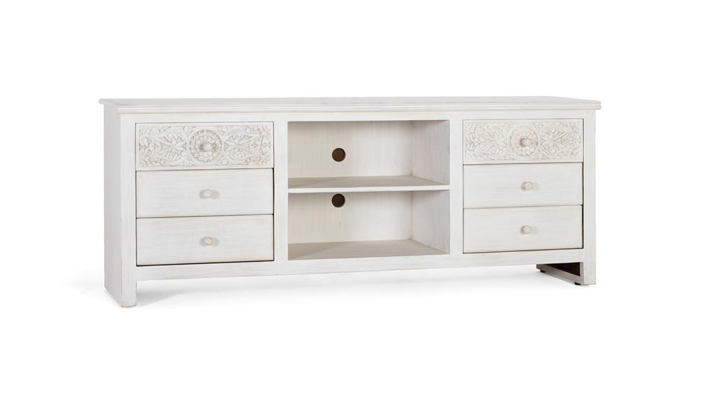 Mueble tv estilo rustico oriental tallado acabado blanco