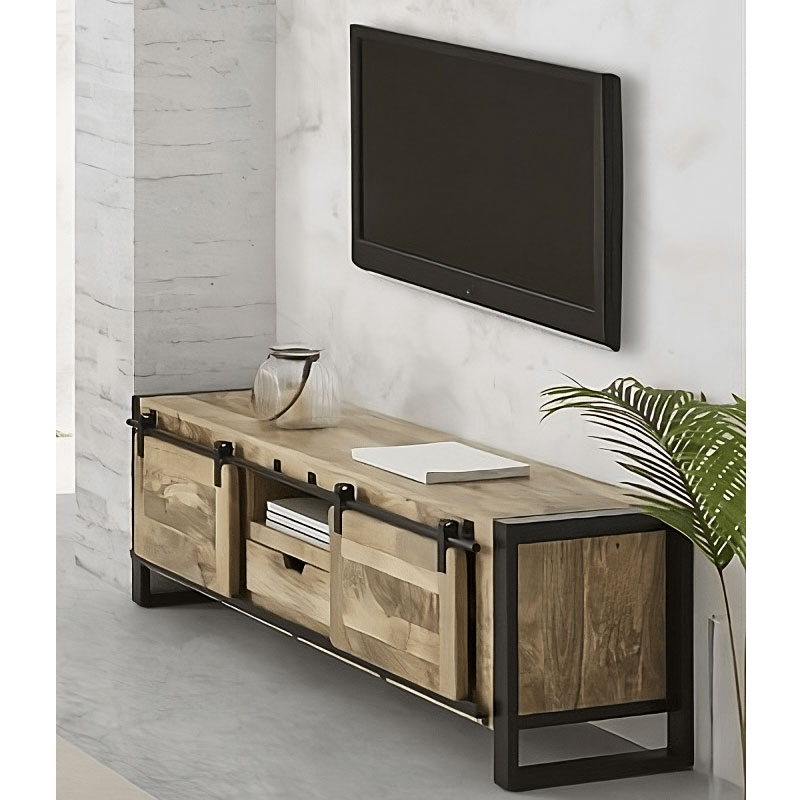 Mueble bajo TV rustico industrial madera mango y acero negro