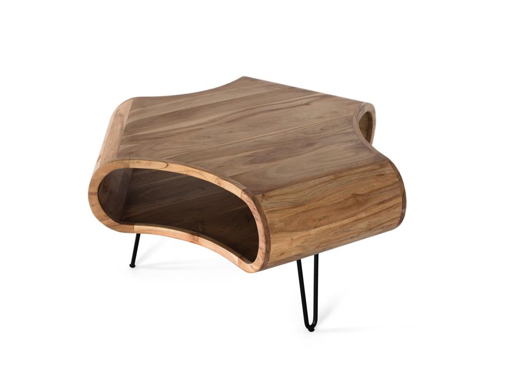 Mesa de centro diseño modernista en madera de acacia y forja