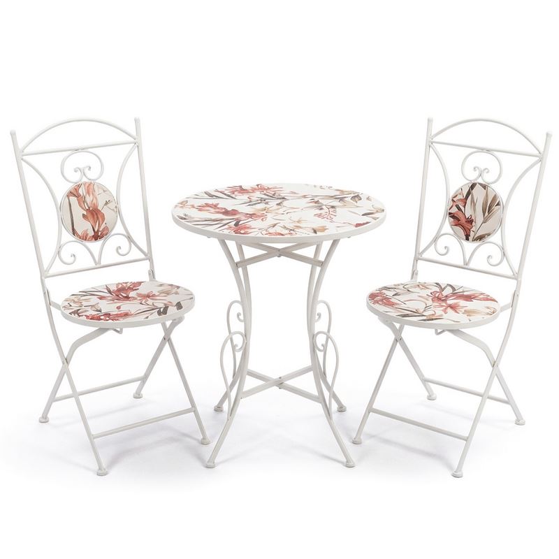 2 Sillas y Mesa Jardín Tapa de Flores y Forja Blanca Serie Audyn 2 Sillas y Mesa Jardín Tapa de Flores y Forja Blanca Serie Audyn