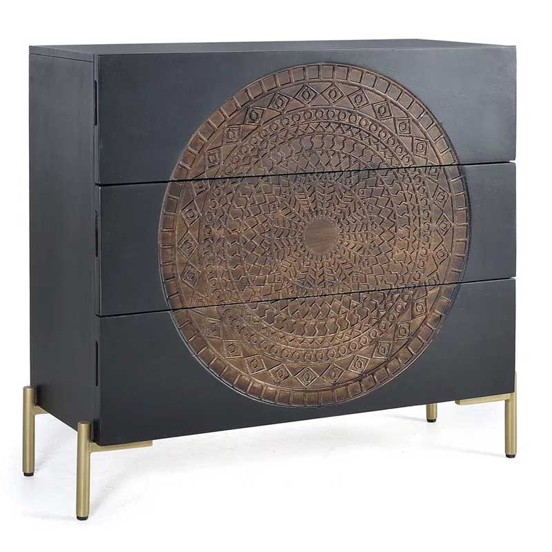 Comoda 3 Cajones Diseño Oriental Circulo Tallado - Serie Aizola Comoda 3 Cajones Diseño Oriental Circulo Tallado - Serie Aizola