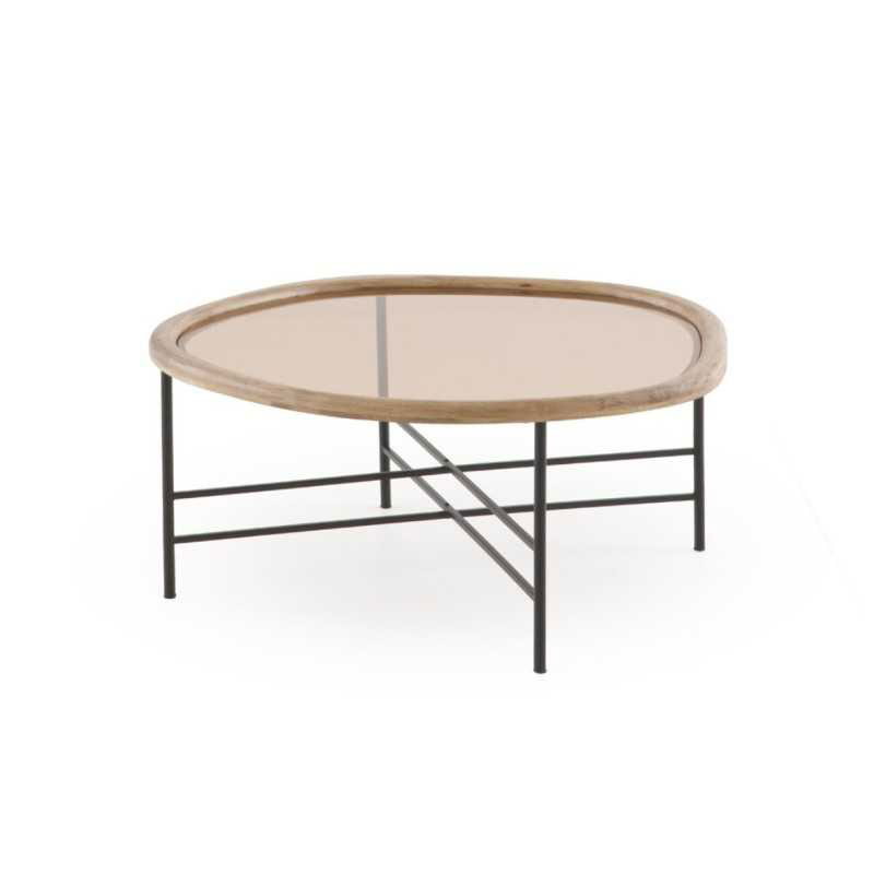 Mesa Centro Redonda Madera y Metal con Cristal - Serie Anlet Mesa Centro Redonda Madera y Metal con Cristal - Serie Anlet