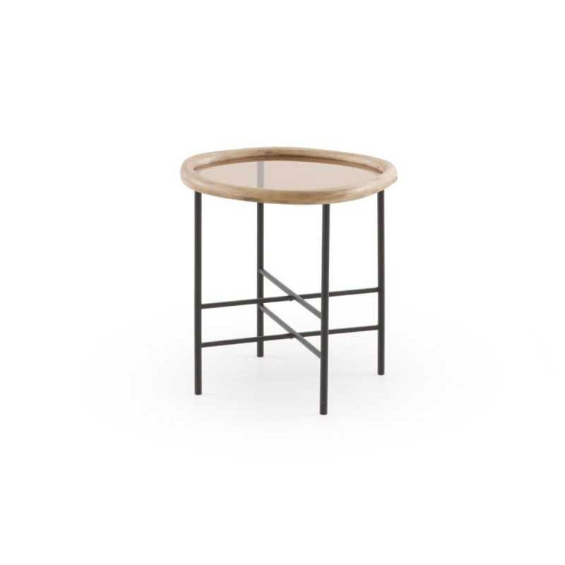 Mesa Redonda Auxiliar Madera y Metal con Cristal - Serie Anlet Mesa Redonda Auxiliar Madera y Metal con Cristal - Serie Anlet