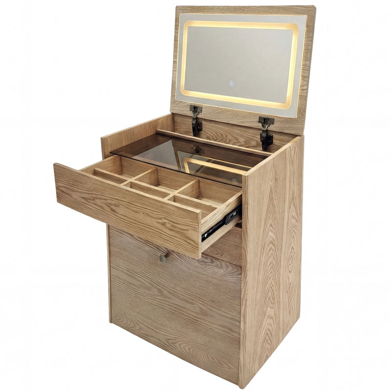 Mueble Tocador con Espejo y Banco Color Fresno - Serie Aloigny Mueble Tocador con Espejo y Banco Color Fresno - Serie Aloigny