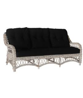 Sofa de 3 Plazas en Rattan Gris con Cojines en Negro Kubu