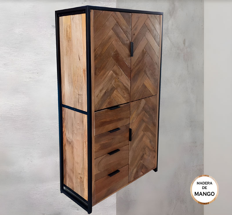 Vitrina Salon Madera Mango 3 Puertas 4 Cajones Serie Rustrie